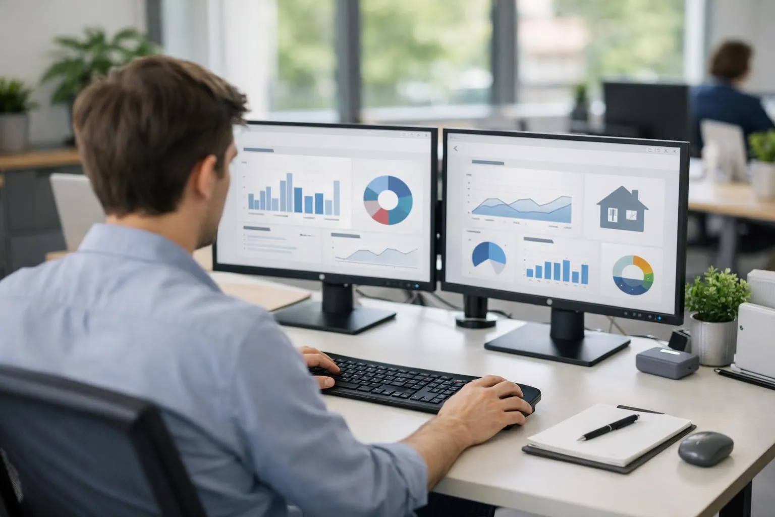 Espace de travail de bureau moderne avec un professionnel utilisant deux écrans d'ordinateur affichant une interface de tableau de bord propre avec des graphiques de subventions pour la rénovation énergétique, des calendriers de projet et un système de gestion de fichiers.