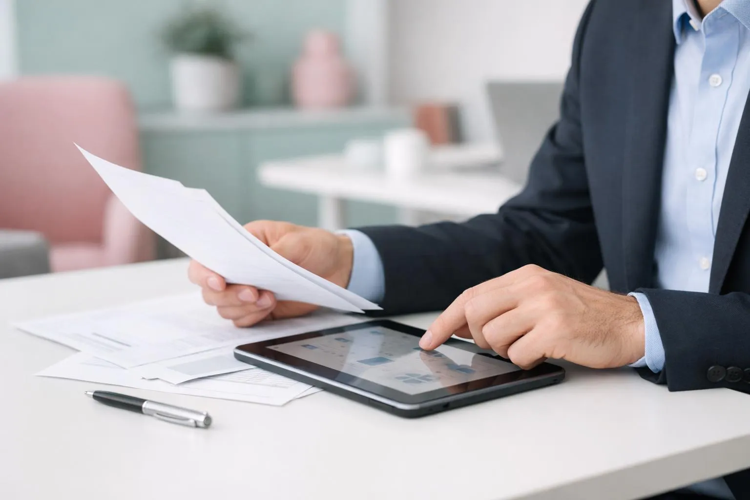 Office workspace showing tablet displaying automated energy subsidy processing software with professional worker reviewing digital documents and financial dashboard in modern business environment
