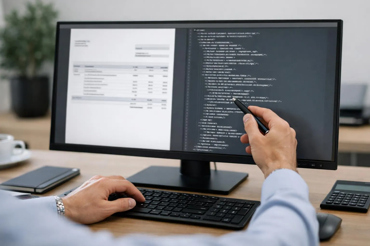 Close-up of a business professional's hands reviewing a split-screen display showing a PDF invoice on one side and structured XML code on the other, with a laptop and modern office desk visible, illustrating the hybrid nature of electronic invoicing systems for SMEs