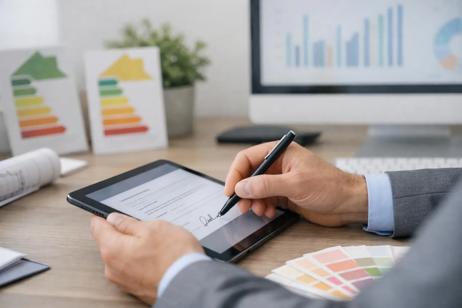 Homme d'affaires signant un document sur une tablette numérique.