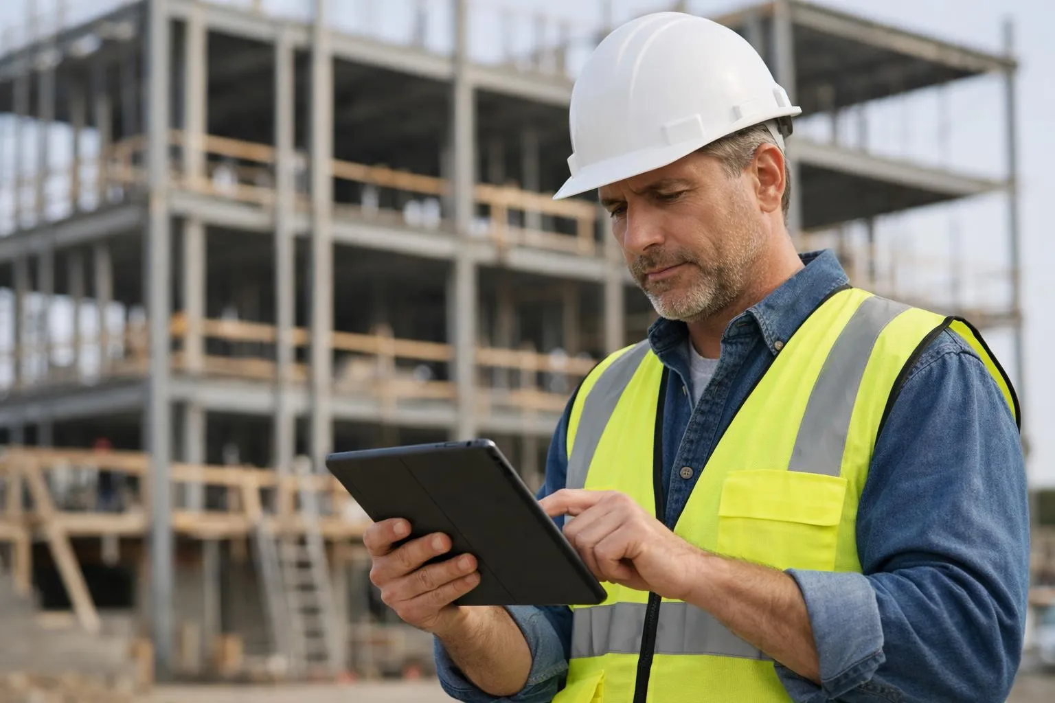 Ouvrier du bâtiment utilisant une tablette sur un chantier de construction.