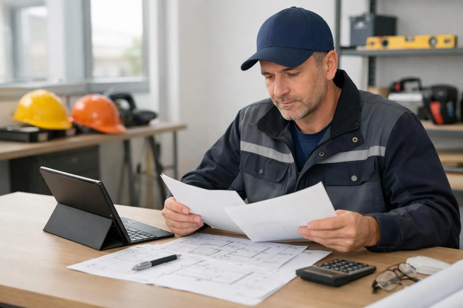Homme en uniforme de travail examinant des plans sur un bureau.