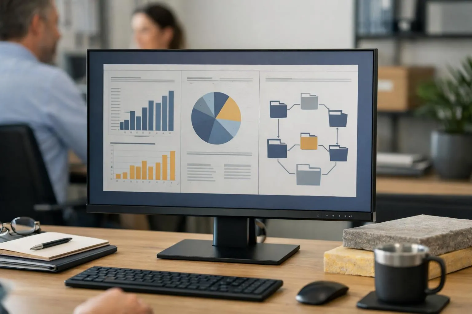 Scène de bureau moderne montrant une équipe de professionnels réunis autour d'un grand écran affichant un tableau de bord ERP avec des données de projet d'isolation, des graphiques d'économies d'énergie et des flux de documents, représentant un travail collaboratif sur un logiciel d'isolation