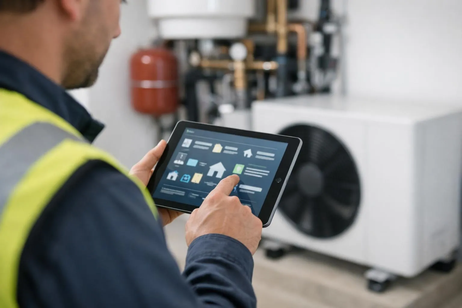 Heat pump technician in safety vest reviewing automated energy subsidy dashboard on tablet in bright residential installation space, with digital checklist interface visible on screen and heat pump equipment in background