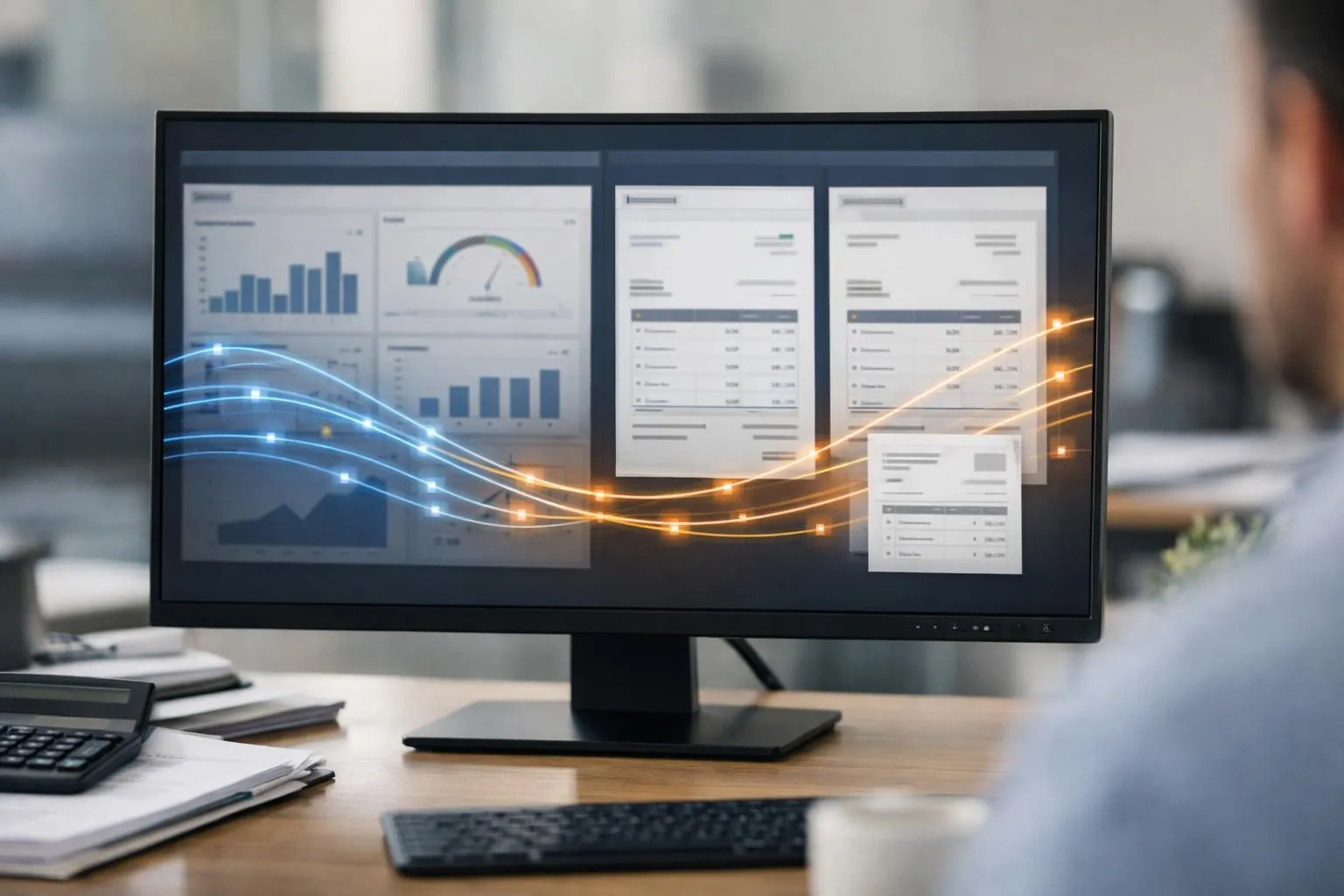 Modern office scene showing a business professional at a desk with dual computer monitors displaying ERP software interface and electronic invoice workflows, with digital connection lines visualized between screens, representing technical integration process in a TPE/PME environment focused on energy management and administrative digitalization
