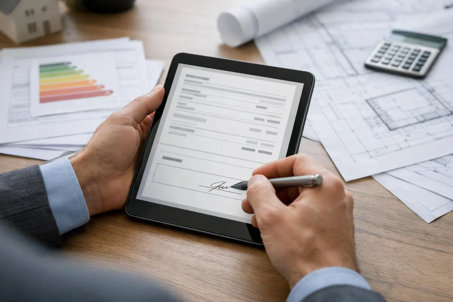 Homme d'affaires signant un document sur une tablette électronique sur un bureau.