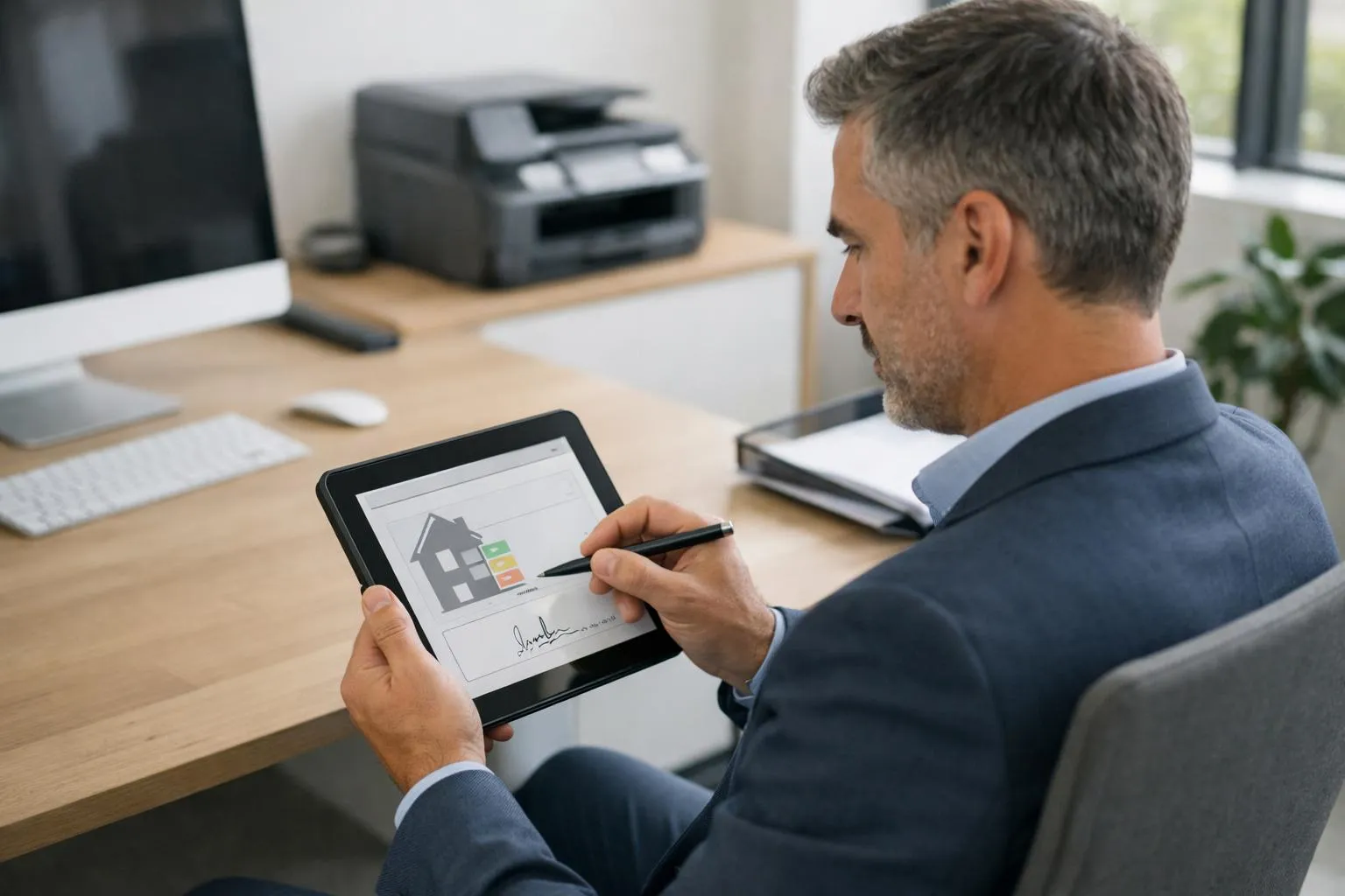 Homme d'affaires examinant un plan de maison sur une tablette numérique.