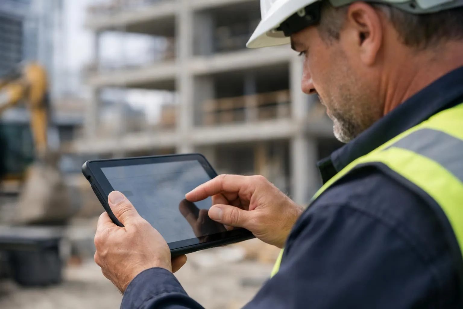 Homme en uniforme de sécurité utilisant une tablette numérique sur un chantier.