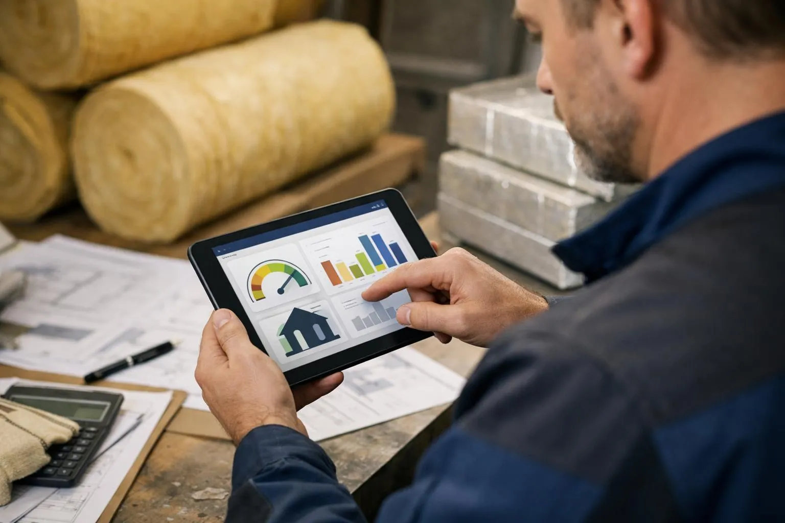 Homme d'affaires analysant des données financières sur une tablette numérique.