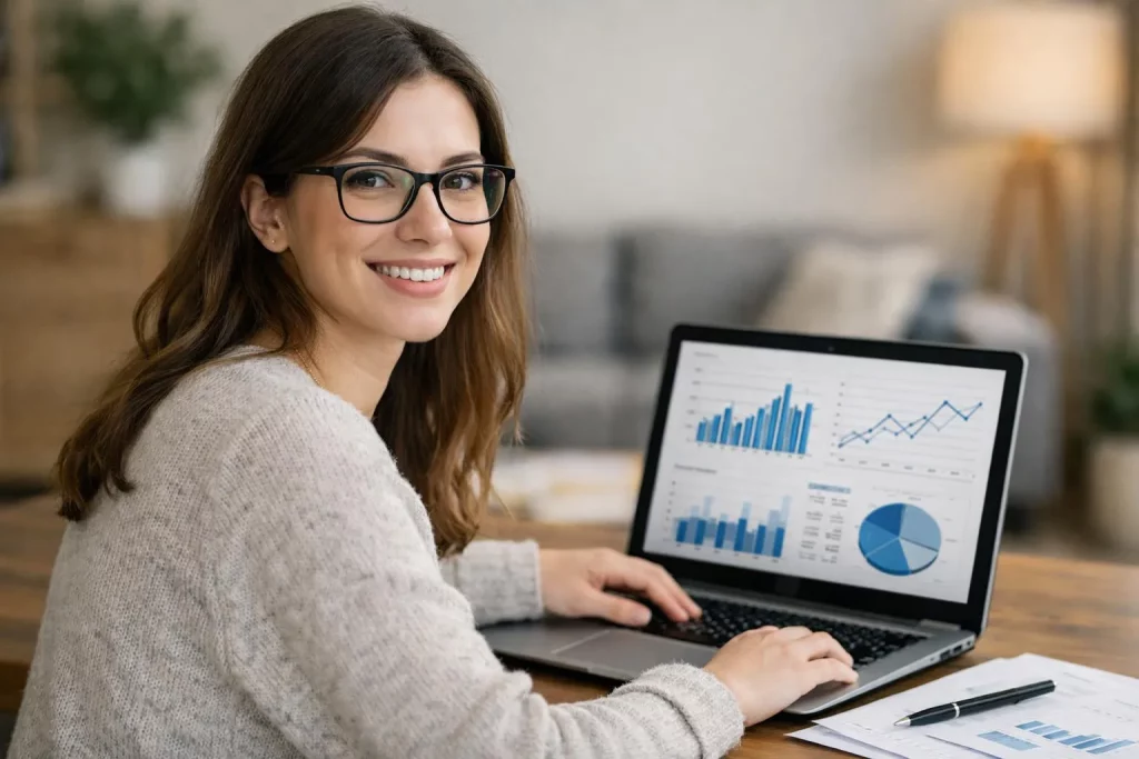 Femme consultant des rapports statistiques sur un ordinateur portable dans un espace de travail confortable.