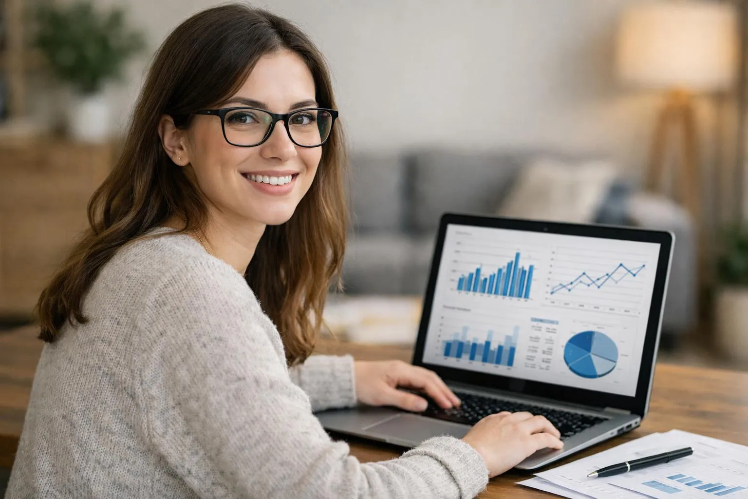 Femme consultant des rapports statistiques sur un ordinateur portable dans un espace de travail confortable.