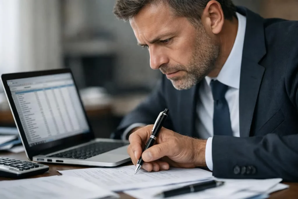 Homme d'affaires calculant le ROI ERP BTP sur un tableur électronique