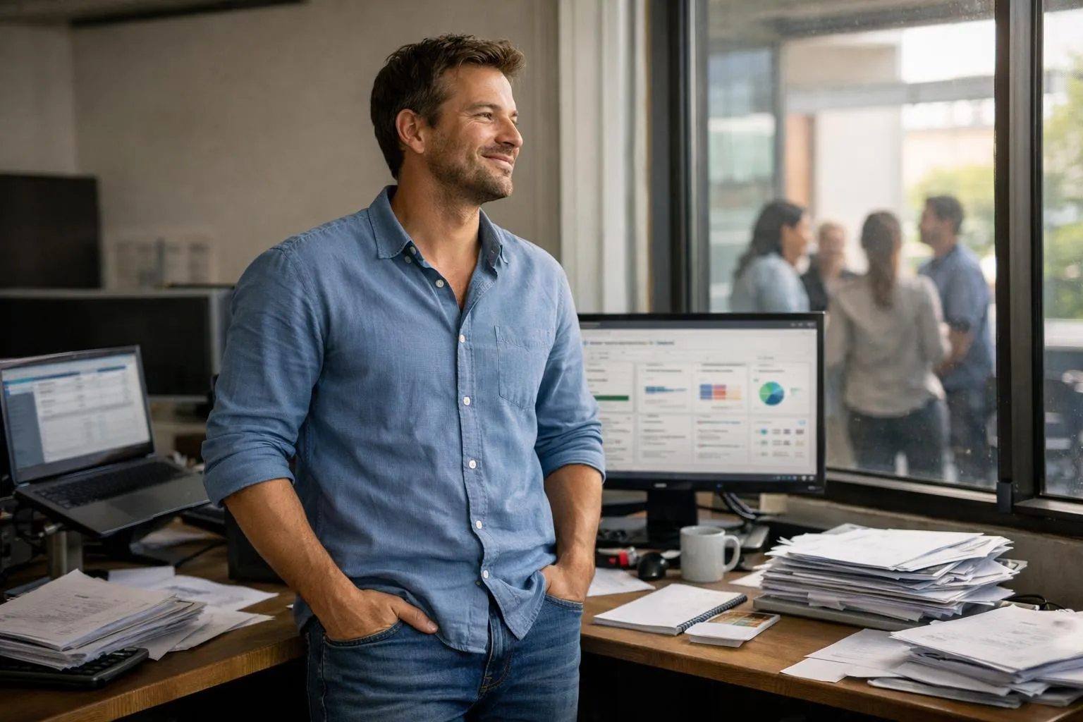 "Un entrepreneur satisfait dans son bureau avec un système ERP flexible à l'écran"