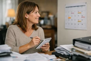 Femme gérant les avances sur primes CEE avec organisation et efficacité au bureau.