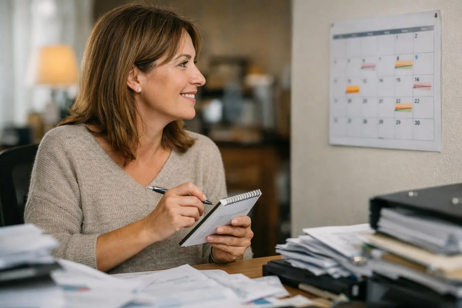 Femme gérant les avances sur primes CEE avec organisation et efficacité au bureau.