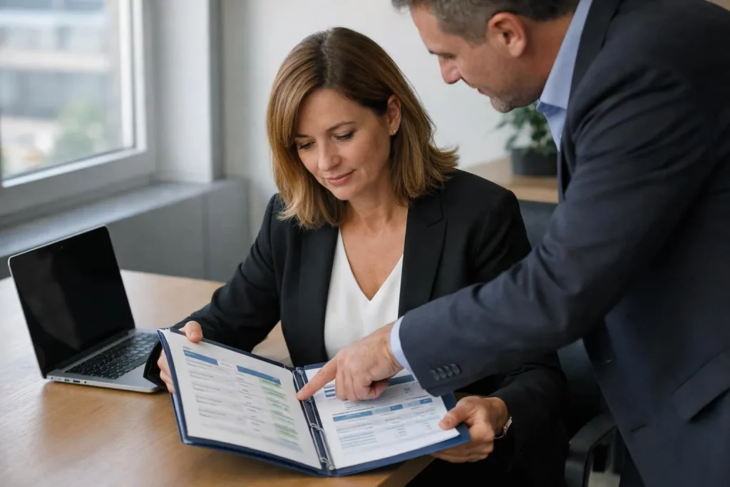 "Femme consultant documents de comparaison Gesy et Allianz au bureau"