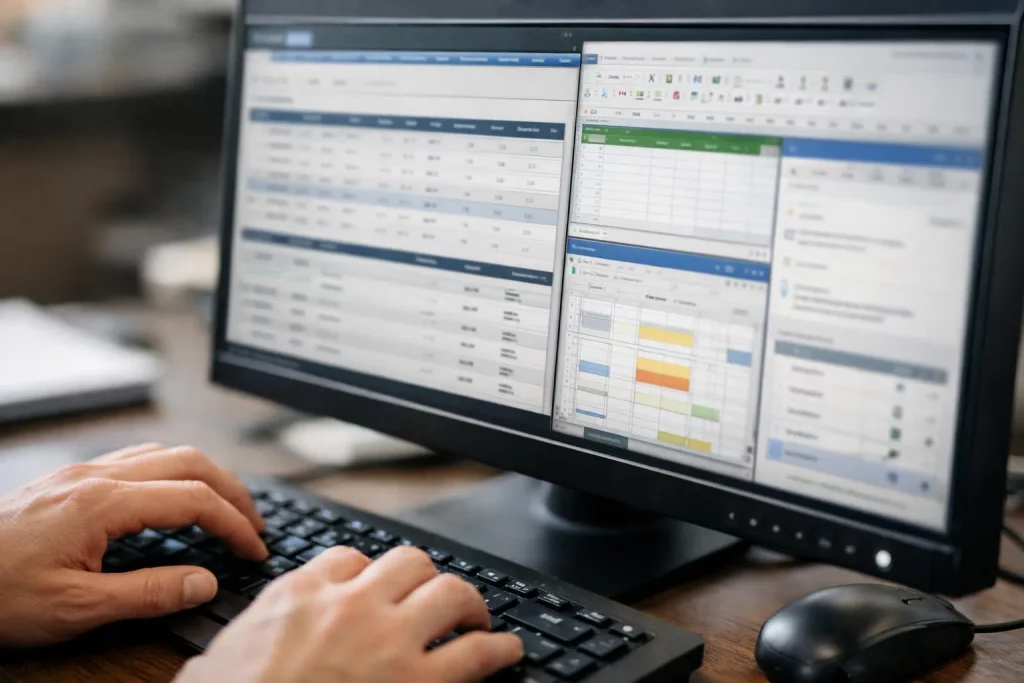 Intégration ERP avec outils bureautiques CEE, écran d'ordinateur avec clavier et souris en arrière-plan