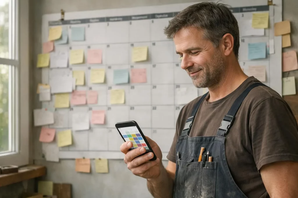 "Artisan consultant agenda partagé sur téléphone portable avec calendrier mensuel en arrière-plan, organisation rénovation."