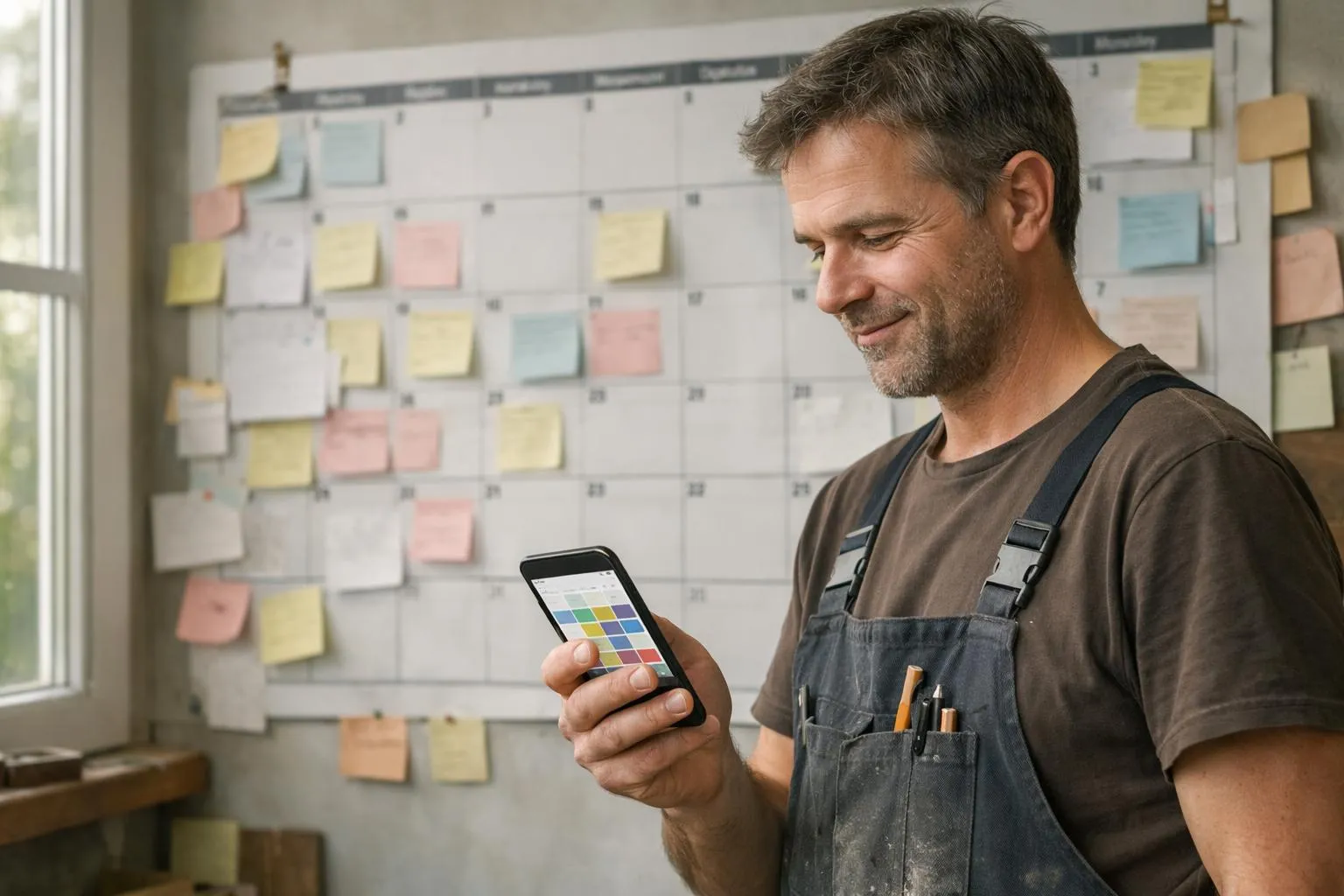 "Artisan consultant agenda partagé sur téléphone portable avec calendrier mensuel en arrière-plan, organisation rénovation."