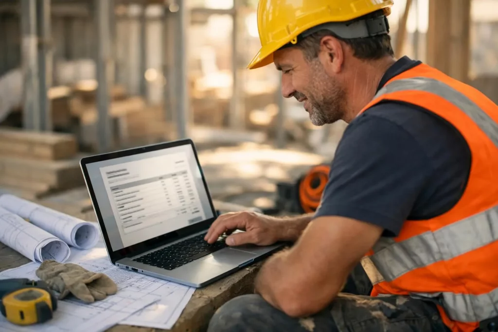 Artisan BTP consultant une facture électronique sur son ordinateur portable sur un chantier de construction