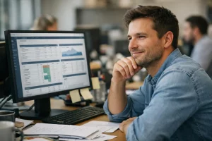 Un professionnel utilise un ERP CEE fiable pour gérer son entreprise, trouvant des solutions efficaces.