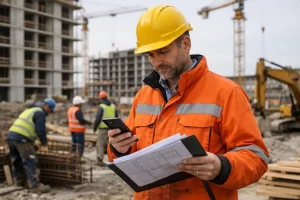 Gestion des acomptes BTP - Chef de projet consultant des documents sur un chantier de construction avec des travailleurs et d
