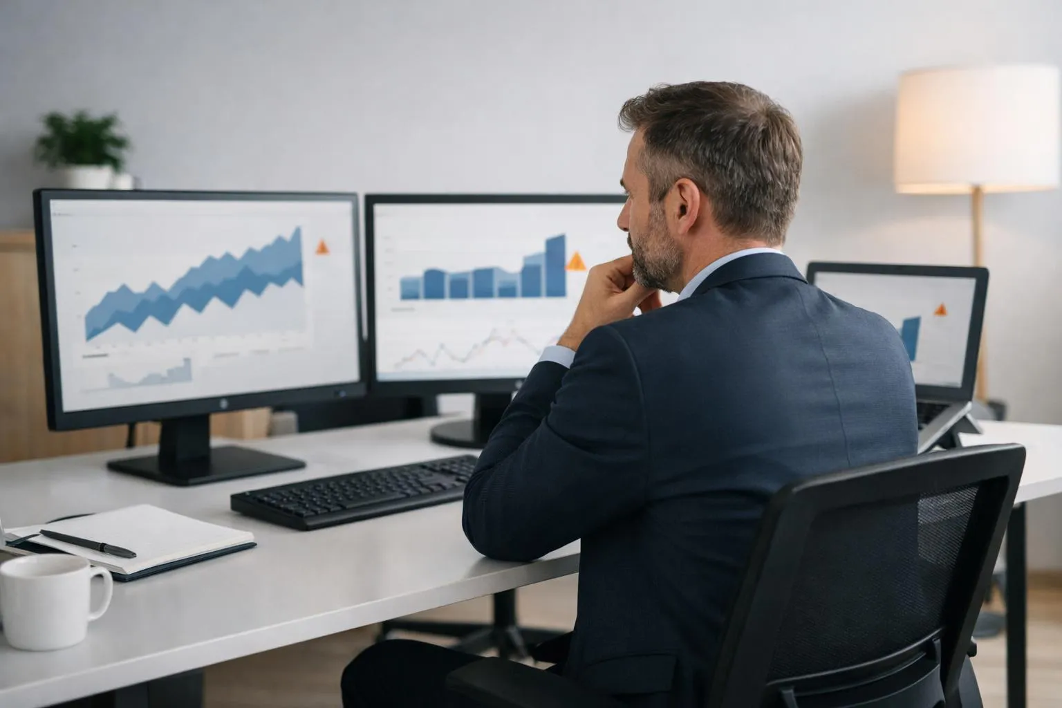 Homme d'affaires analysant des graphiques financiers sur plusieurs écrans d'ordinateur.