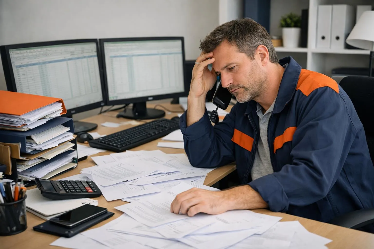 Homme d'affaires stressé travaillant sur des documents dans un bureau.