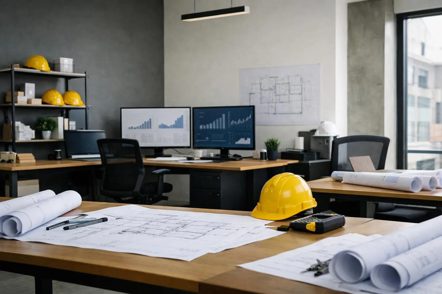 Bureau d'architecte avec plans, ordinateurs et équipement de construction.