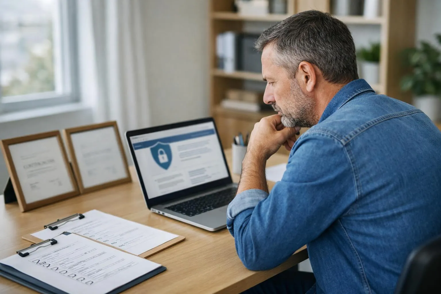 Homme d'affaires concentré travaillant sur son ordinateur portable dans son bureau.