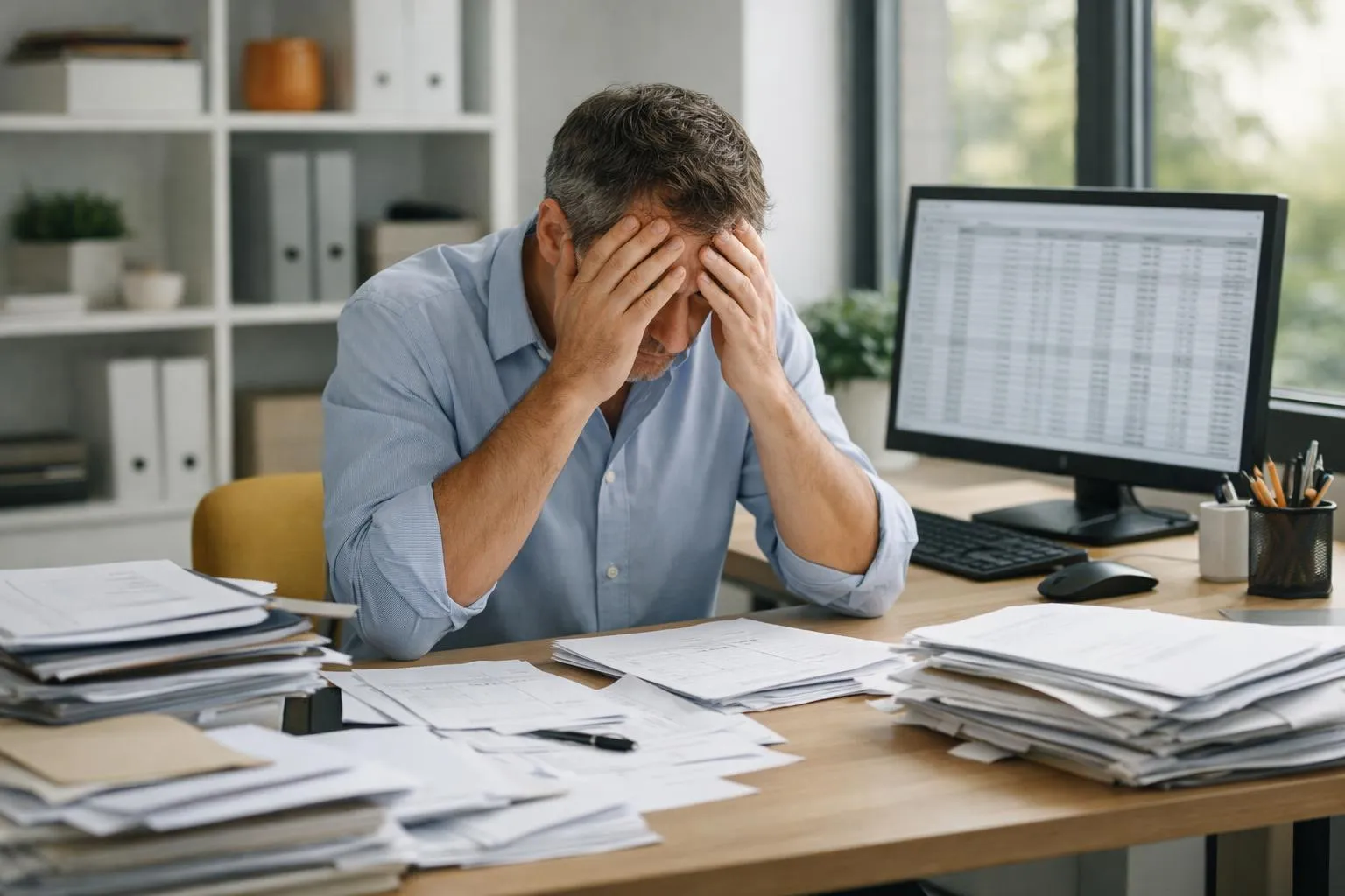 Homme d'affaires stressé au bureau, entouré de documents et d'un ordinateur.