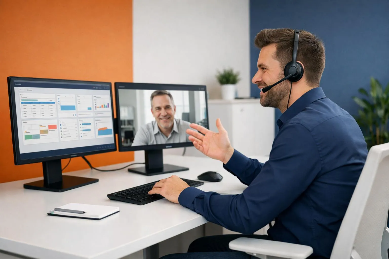 Un homme d'affaires en costume bleu utilisant un ordinateur avec un casque dans un bureau moderne.