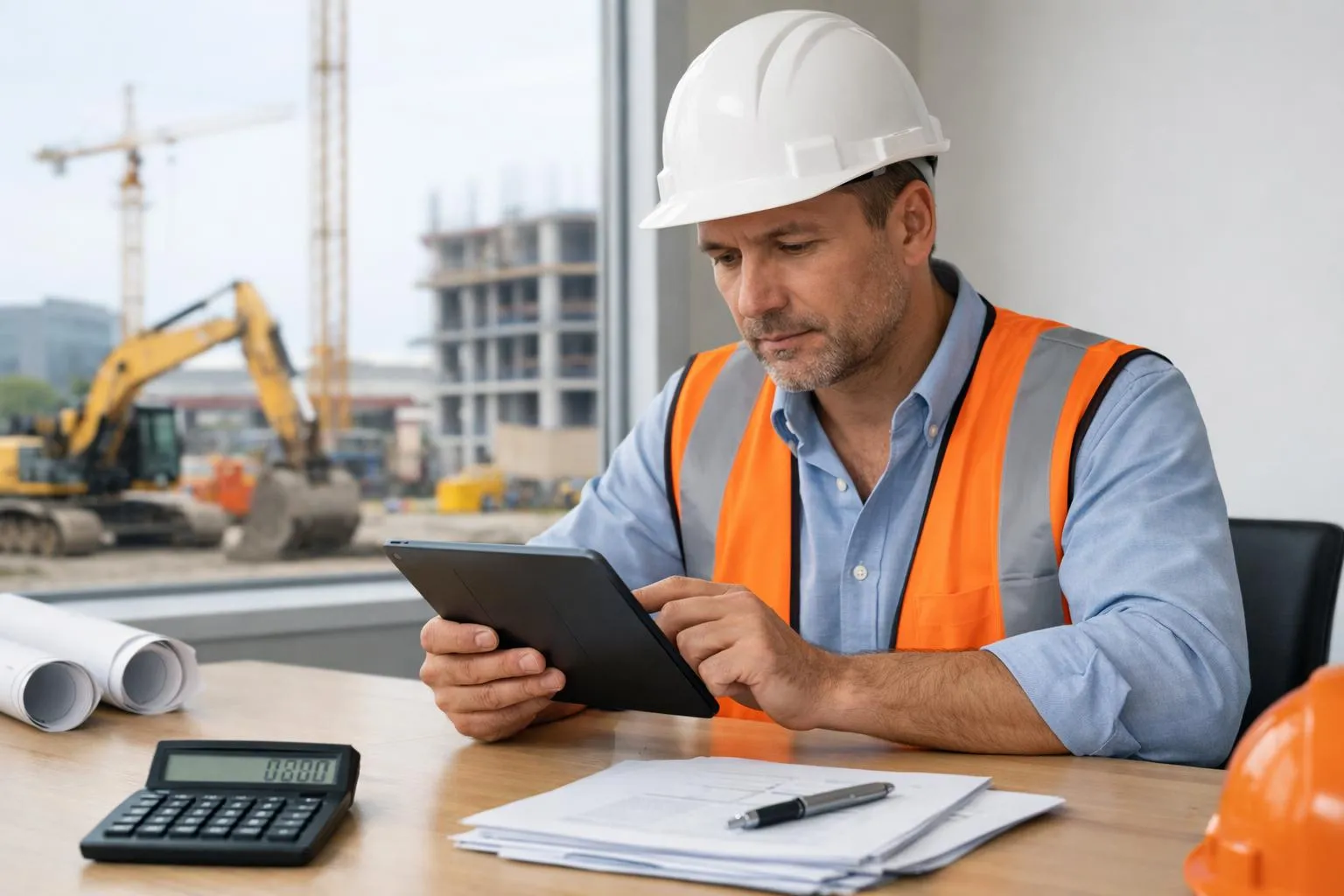 Homme en tenue de sécurité utilisant une tablette sur un chantier de construction.