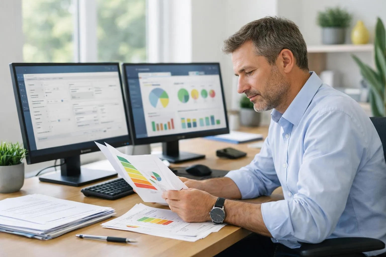 Homme d'affaires analysant des graphiques et des données sur des écrans d'ordinateur.