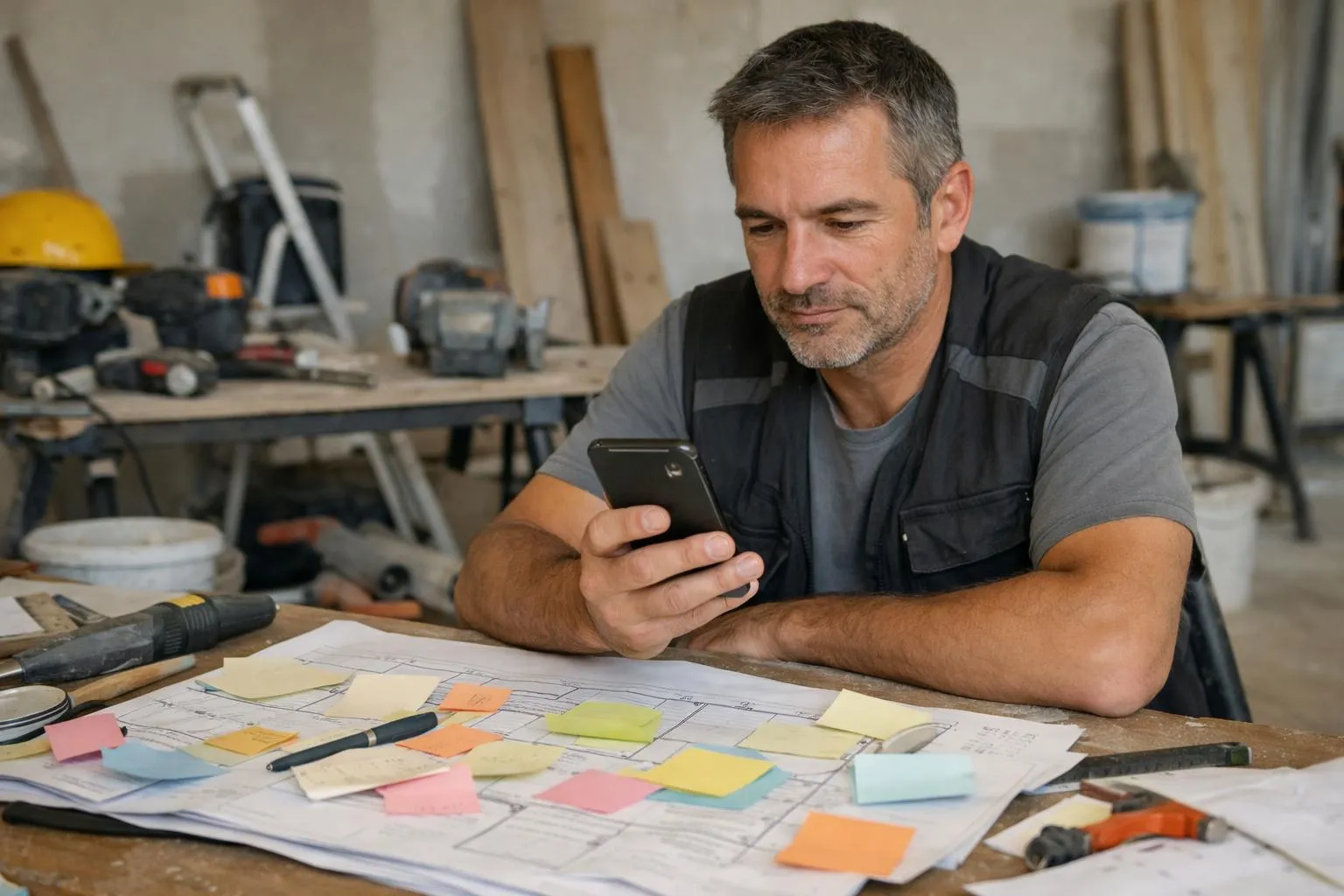 Un homme barbu utilise un téléphone portable dans un atelier de construction.