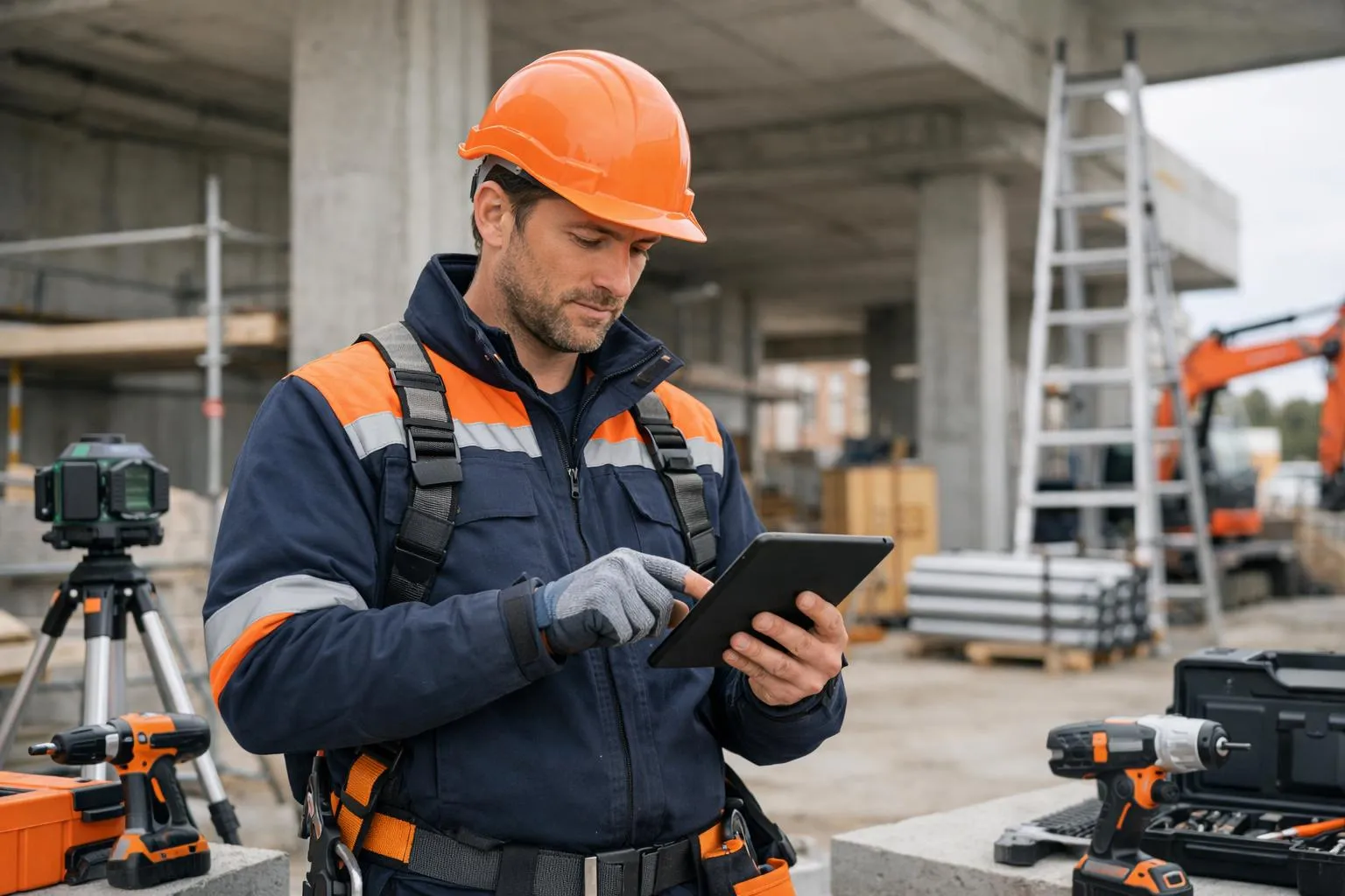 Ouvrier de la construction utilisant une tablette numérique sur un chantier.