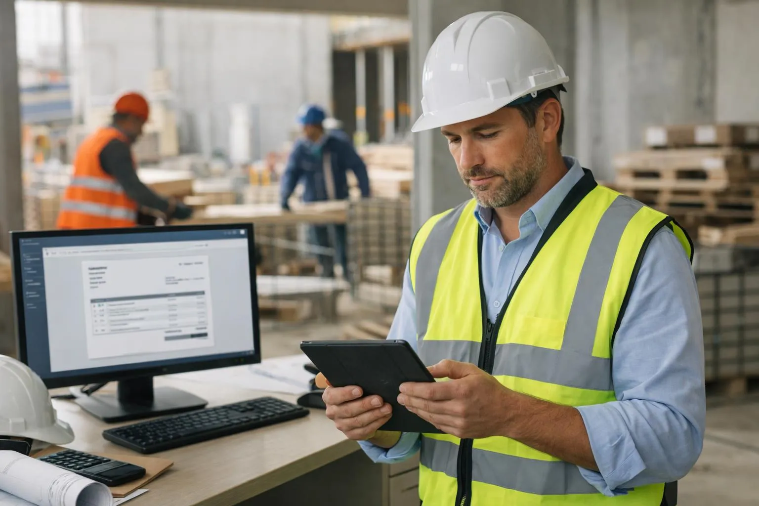 Homme en tenue de chantier utilisant une tablette dans un entrepôt.