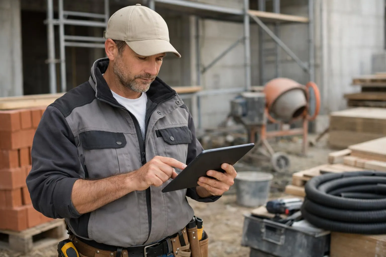 Ouvrier du bâtiment utilisant une tablette numérique sur un chantier.