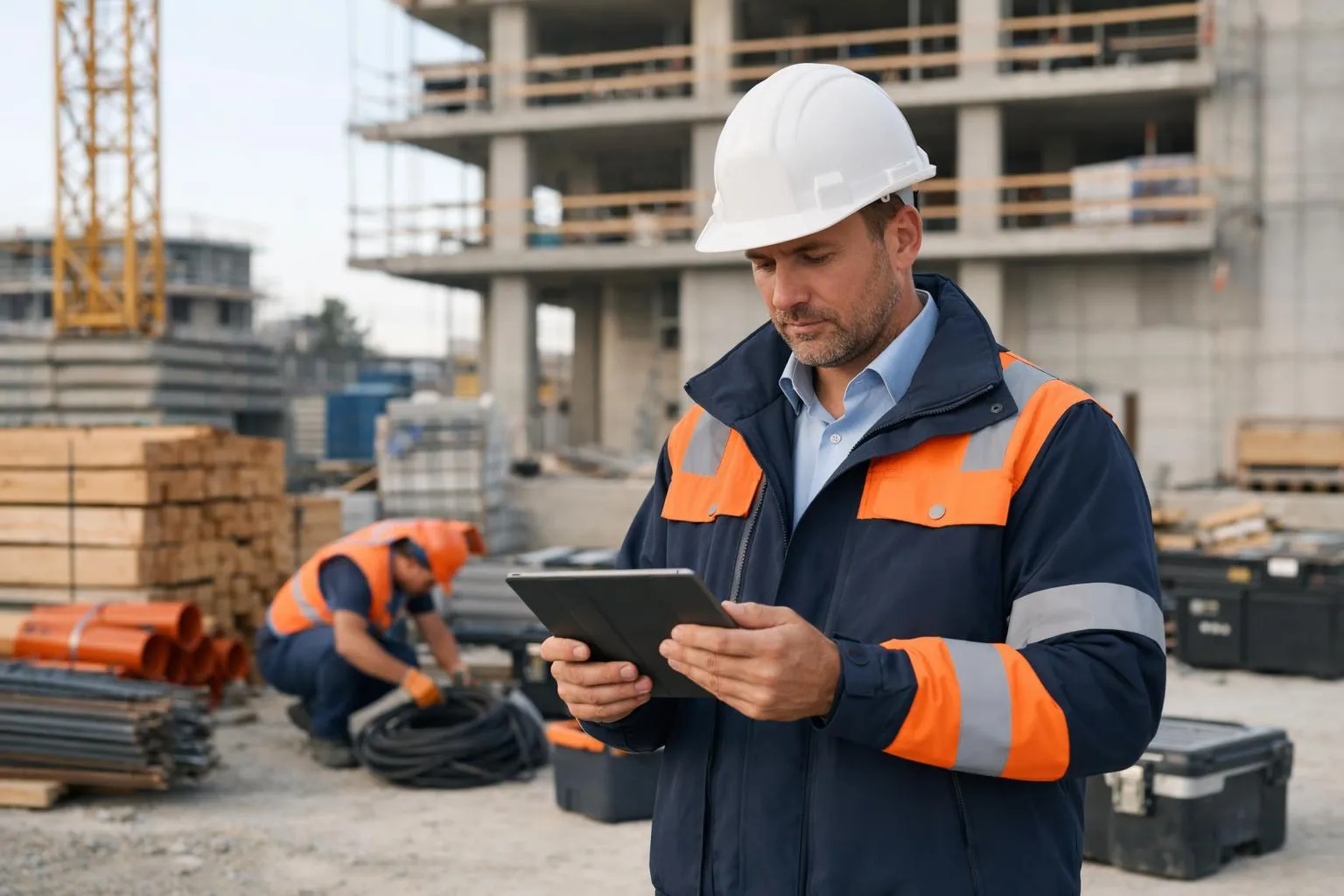 Ouvrier de la construction utilisant une tablette numérique sur un chantier.