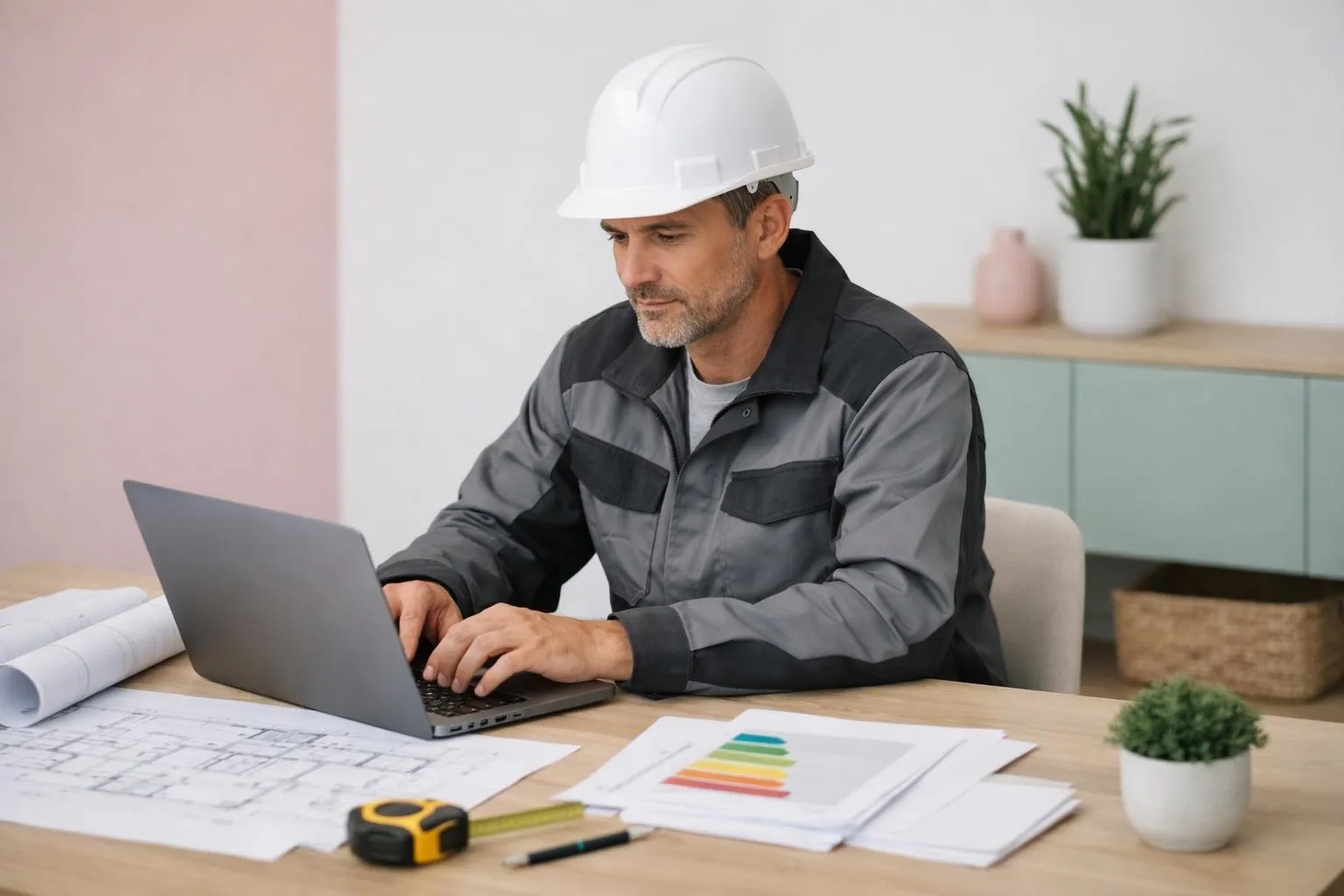 Homme en casque de sécurité travaillant sur un ordinateur portable sur un bureau.