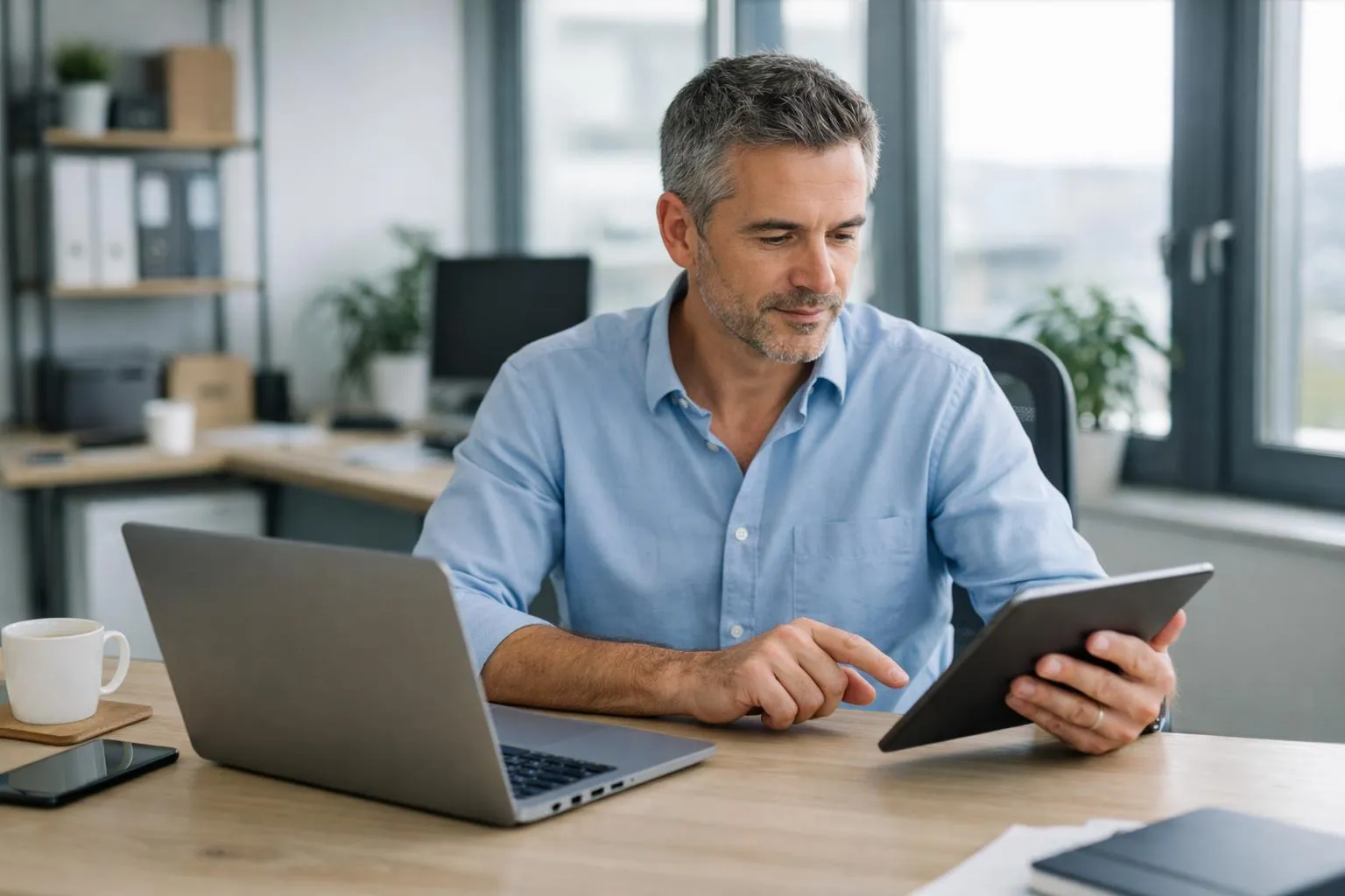 Homme d'affaires mature utilisant un ordinateur portable et une tablette dans un bureau.