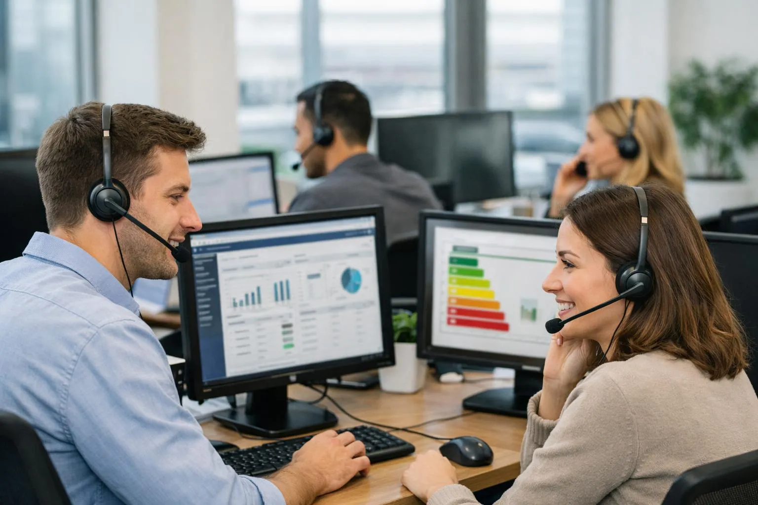 Équipe de centre d'appels travaillant ensemble sur des données informatiques.