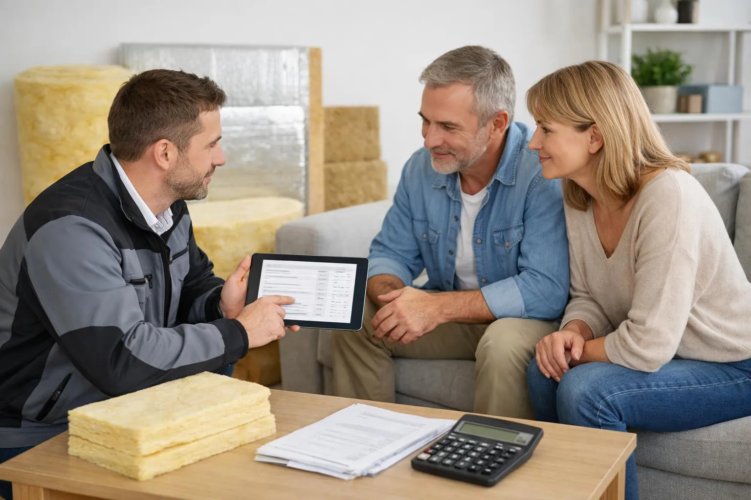 Couple âgé discutant avec un agent immobilier sur un achat de maison.