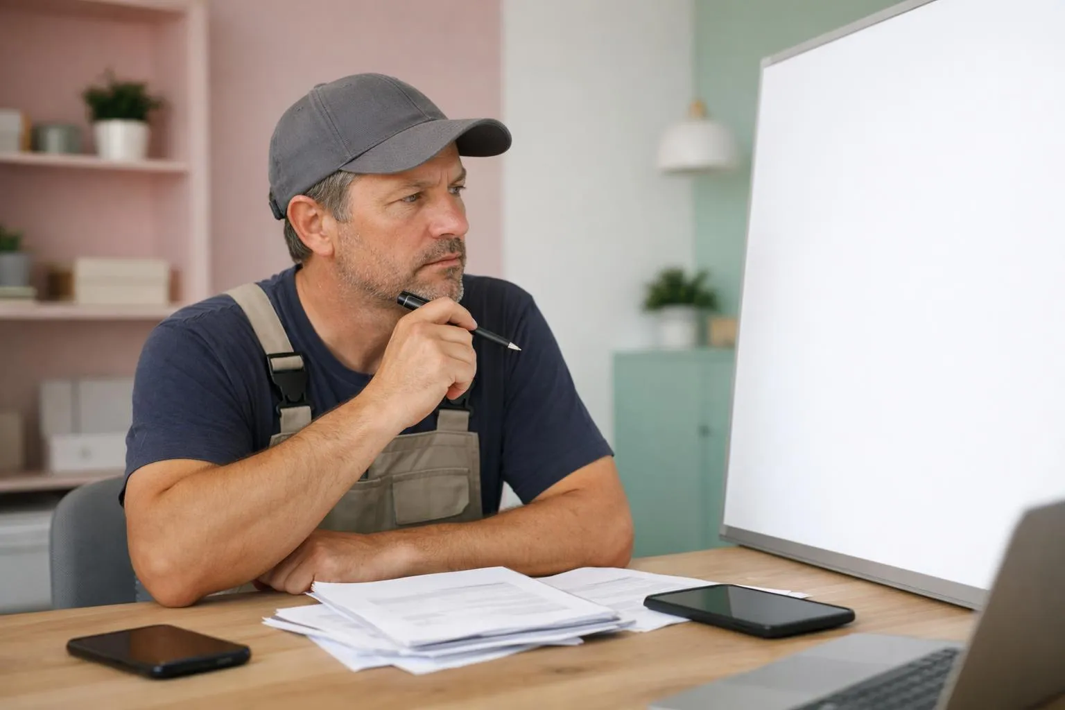 Homme d'affaires concentré examinant des documents sur son bureau.