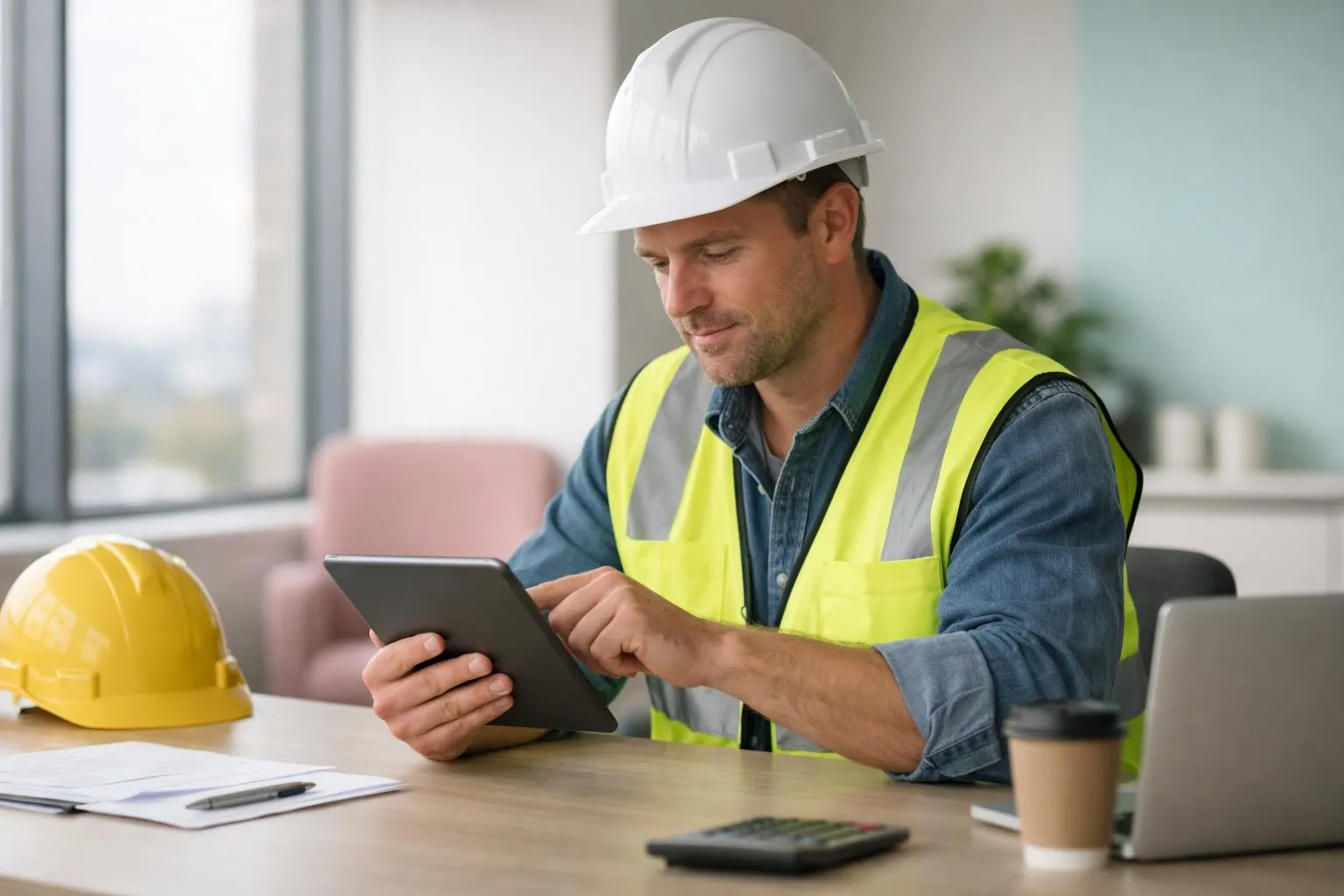 Homme en casque de sécurité et gilet jaune utilisant une tablette numérique sur un chantier.
