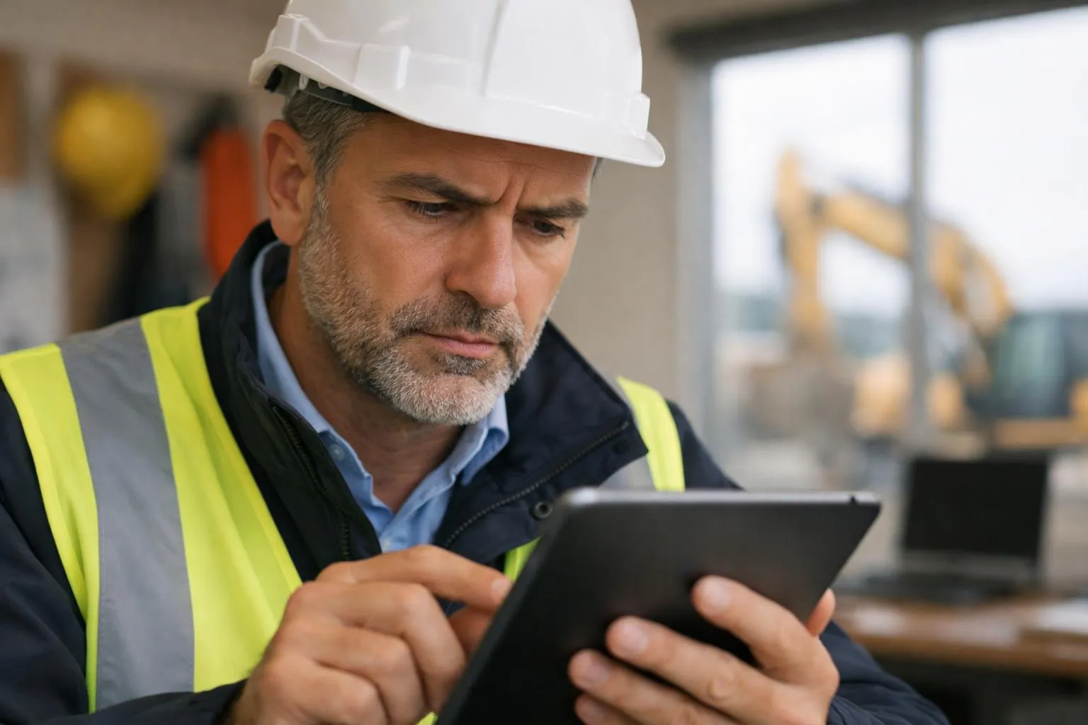 Homme en casque de sécurité et gilet jaune, utilisant une tablette numérique sur un chantier.