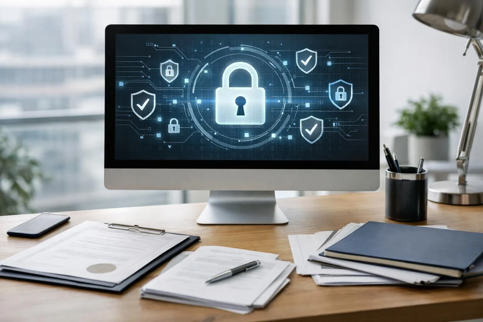 Écran d'ordinateur affichant des icônes de sécurité et un cadenas verrouillé.