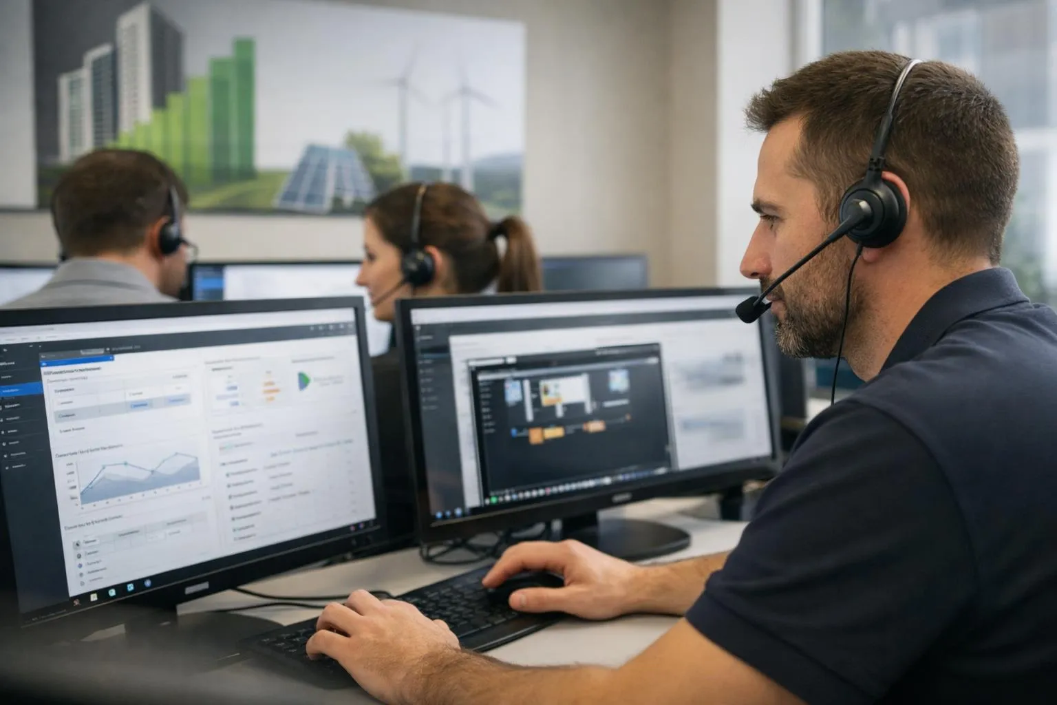 Employés dans un centre d'appels utilisant des ordinateurs et des casques.