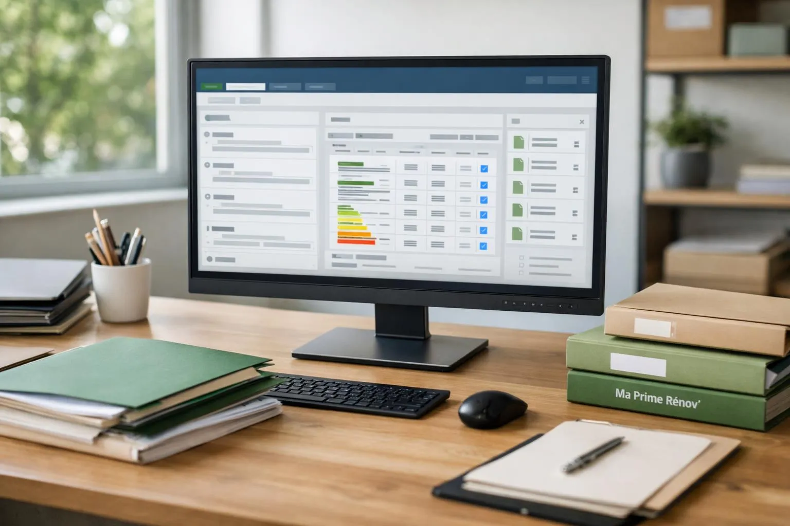 Bureau de travail avec écran d'ordinateur, clavier, souris, dossiers et boîtes.