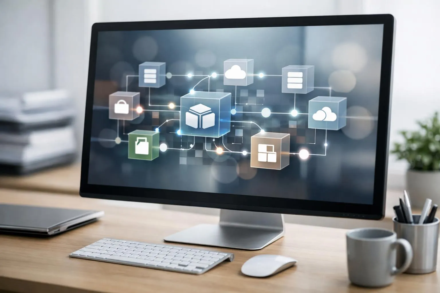 Représentation graphique d'un réseau de stockage et de services cloud.